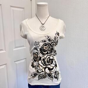 Cache Y2K Cream Beaded Floral Embroidered Tee